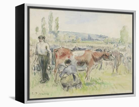 Compositional Study of a Milking Scene at Eragny-Sur-Epte, 1884 (Watercolour over Black Chalk)-Camille Pissarro-Framed Premier Image Canvas