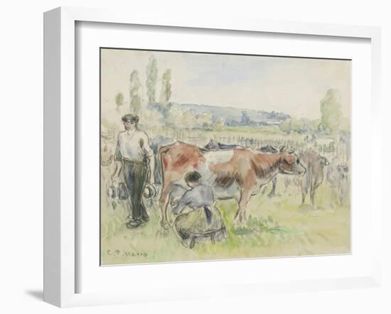 Compositional Study of a Milking Scene at Eragny-Sur-Epte, 1884 (Watercolour over Black Chalk)-Camille Pissarro-Framed Giclee Print