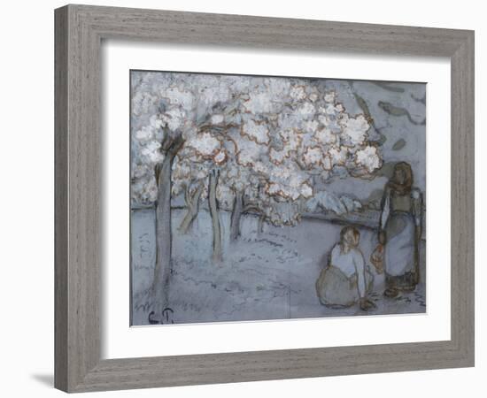 Compositional Study of Two Female Peasants Conversing in an Orchard-Camille Pissarro-Framed Giclee Print