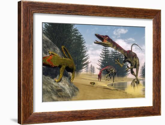 Compsognathus Dinosaur Hunting a Gecko in a Lagoon-Stocktrek Images-Framed Art Print