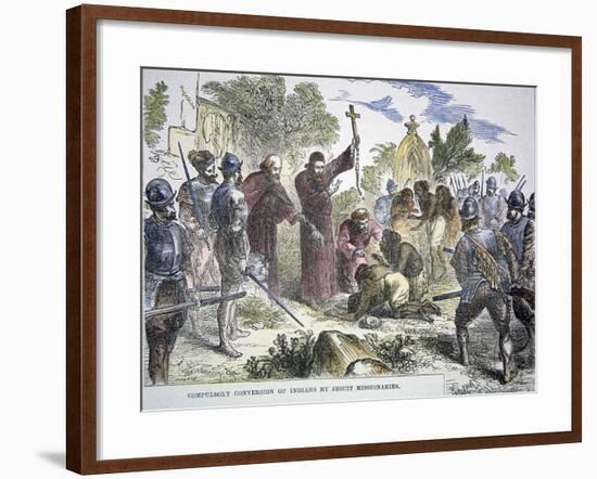 Compulsory Conversion of Native Americans to Christianity by Spanish Jesuit Missionaries, c.1500-null-Framed Giclee Print