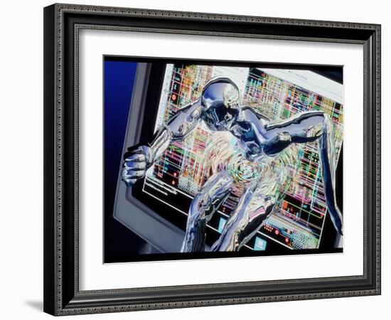 Computer Art of Humanoid Breaking Out of Computer-Geoff Tompkinson-Framed Premium Photographic Print