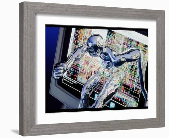 Computer Art of Humanoid Breaking Out of Computer-Geoff Tompkinson-Framed Photographic Print