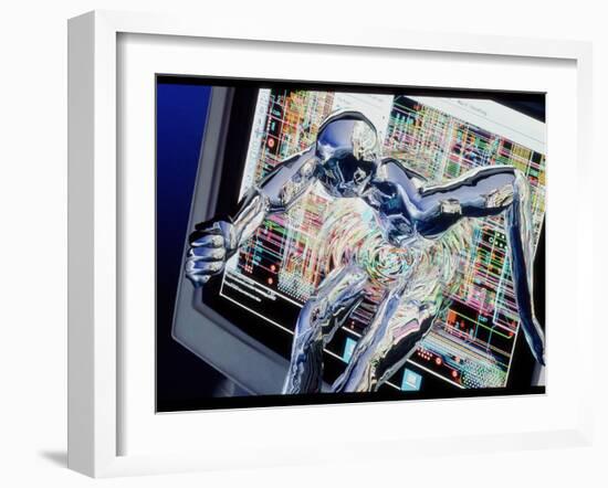 Computer Art of Humanoid Breaking Out of Computer-Geoff Tompkinson-Framed Photographic Print