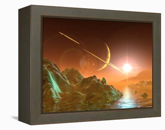 Computer Artwork of Titan's Surface And Saturn-Julian Baum-Framed Premier Image Canvas