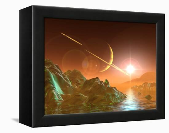 Computer Artwork of Titan's Surface And Saturn-Julian Baum-Framed Premier Image Canvas