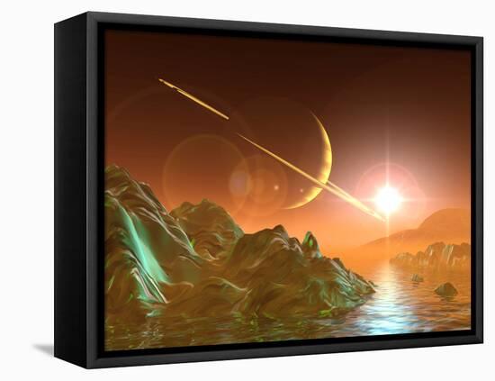Computer Artwork of Titan's Surface And Saturn-Julian Baum-Framed Premier Image Canvas