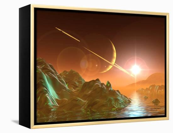 Computer Artwork of Titan's Surface And Saturn-Julian Baum-Framed Premier Image Canvas