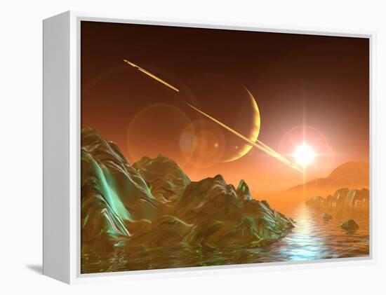 Computer Artwork of Titan's Surface And Saturn-Julian Baum-Framed Premier Image Canvas