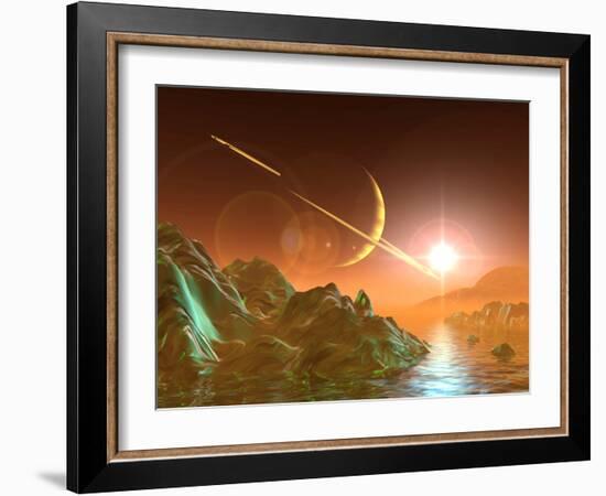 Computer Artwork of Titan's Surface And Saturn-Julian Baum-Framed Photographic Print