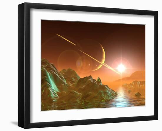 Computer Artwork of Titan's Surface And Saturn-Julian Baum-Framed Photographic Print