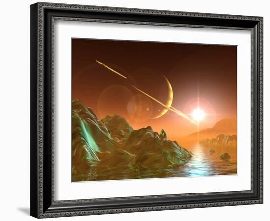 Computer Artwork of Titan's Surface And Saturn-Julian Baum-Framed Photographic Print
