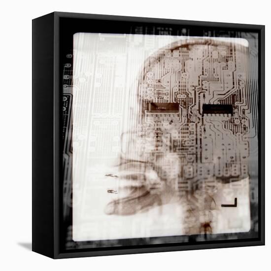 Computer Circuitry Superimposed on X-Ray of Person's Skull-null-Framed Premier Image Canvas