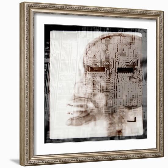 Computer Circuitry Superimposed on X-Ray of Person's Skull-null-Framed Photographic Print