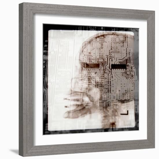 Computer Circuitry Superimposed on X-Ray of Person's Skull-null-Framed Photographic Print