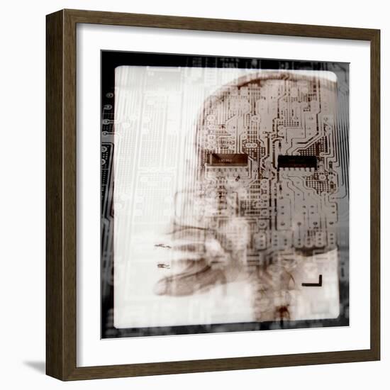 Computer Circuitry Superimposed on X-Ray of Person's Skull-null-Framed Photographic Print