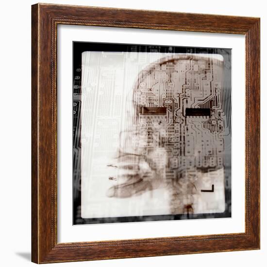 Computer Circuitry Superimposed on X-Ray of Person's Skull-null-Framed Photographic Print