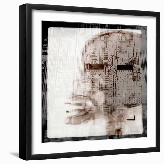 Computer Circuitry Superimposed on X-Ray of Person's Skull-null-Framed Photographic Print