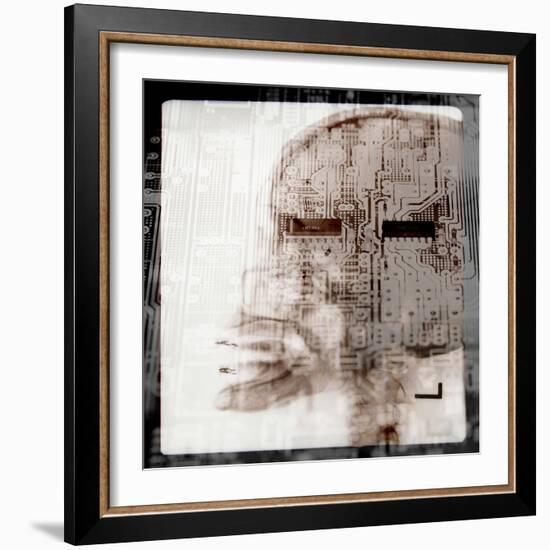 Computer Circuitry Superimposed on X-Ray of Person's Skull-null-Framed Photographic Print