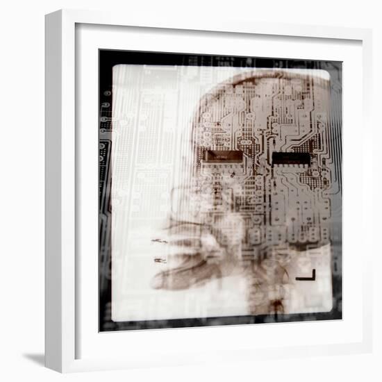 Computer Circuitry Superimposed on X-Ray of Person's Skull-null-Framed Photographic Print