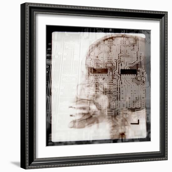 Computer Circuitry Superimposed on X-Ray of Person's Skull-null-Framed Photographic Print