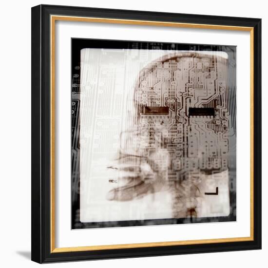 Computer Circuitry Superimposed on X-Ray of Person's Skull-null-Framed Photographic Print