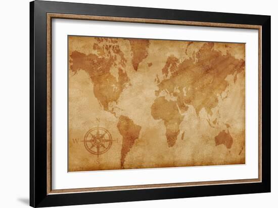 Computer Generated Old Map Of The World-alehnia-Framed Art Print