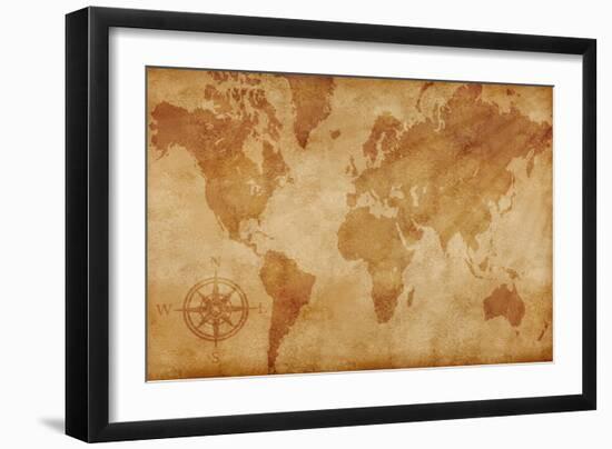 Computer Generated Old Map Of The World-alehnia-Framed Art Print