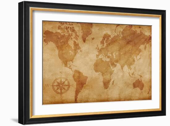 Computer Generated Old Map Of The World-alehnia-Framed Art Print