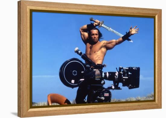 Conan the Barbarian 1982 Directed by John Milius on the Set, Arnold Schwarzenegger.-null-Framed Stretched Canvas