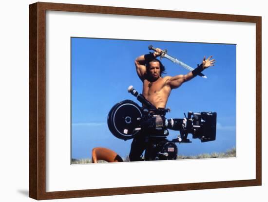 Conan the Barbarian 1982 Directed by John Milius on the Set, Arnold Schwarzenegger.-null-Framed Photo