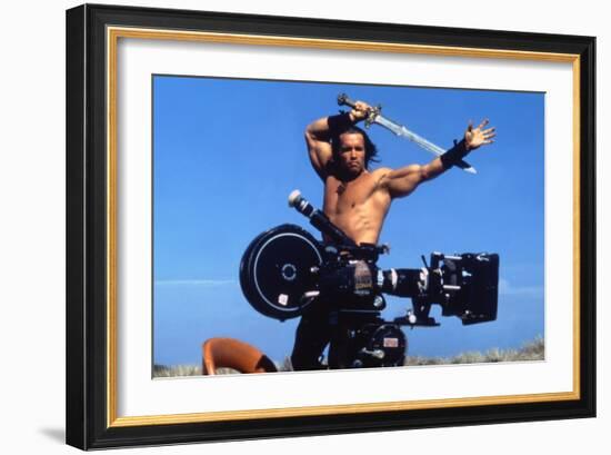 Conan the Barbarian 1982 Directed by John Milius on the Set, Arnold Schwarzenegger.-null-Framed Photo