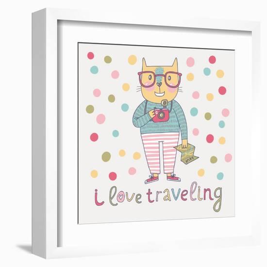 Concept Cat Hipster in Cartoon Funny Style. Vector Childish Card with Funny Cat. Travel Concept in-smilewithjul-Framed Art Print