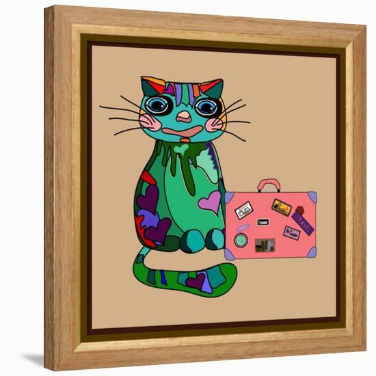 Concept Cat in Cartoon Style. Vector Illustration. Travel Concept: the Cat and a Suitcase to Travel-De Visu-Framed Stretched Canvas