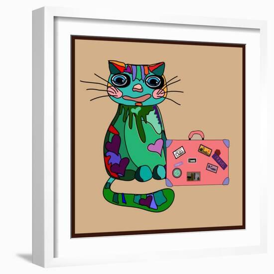 Concept Cat in Cartoon Style. Vector Illustration. Travel Concept: the Cat and a Suitcase to Travel-De Visu-Framed Art Print