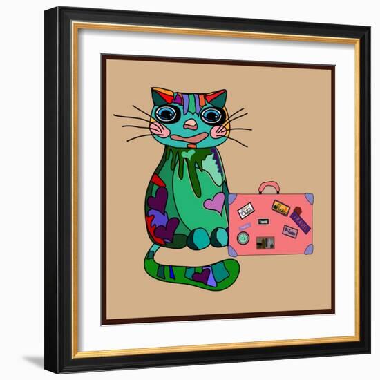 Concept Cat in Cartoon Style. Vector Illustration. Travel Concept: the Cat and a Suitcase to Travel-De Visu-Framed Art Print