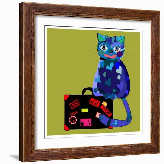 Concept Cat in Cartoon Style. Vector Illustration. Travel Concept: the Cat and a Suitcase to Travel-De Visu-Framed Art Print