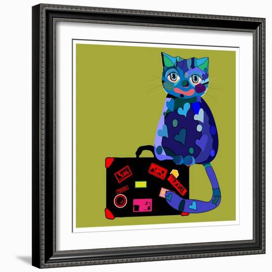 Concept Cat in Cartoon Style. Vector Illustration. Travel Concept: the Cat and a Suitcase to Travel-De Visu-Framed Art Print