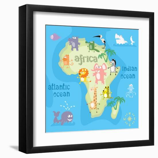 Concept Design Map of African Continent with Animals Drawing in Funny Cartoon Style for Kids and Pr-Dunhill-Framed Art Print