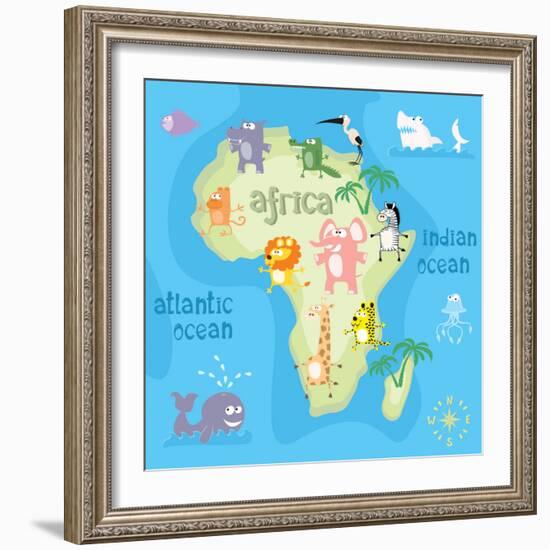 Concept Design Map of African Continent with Animals Drawing in Funny Cartoon Style for Kids and Pr-Dunhill-Framed Art Print