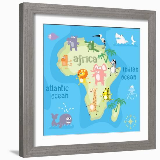 Concept Design Map of African Continent with Animals Drawing in Funny Cartoon Style for Kids and Pr-Dunhill-Framed Art Print