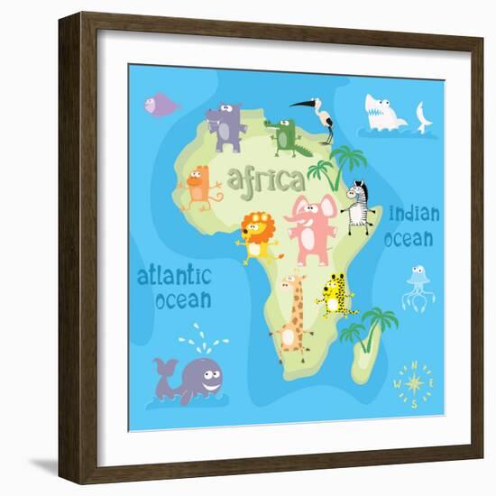 Concept Design Map of African Continent with Animals Drawing in Funny Cartoon Style for Kids and Pr-Dunhill-Framed Art Print