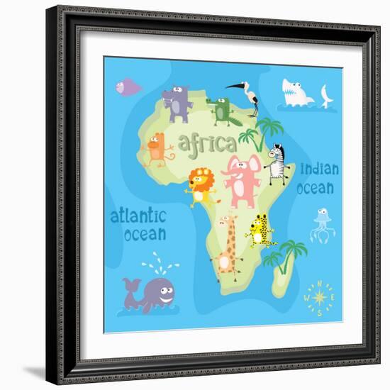 Concept Design Map of African Continent with Animals Drawing in Funny Cartoon Style for Kids and Pr-Dunhill-Framed Art Print