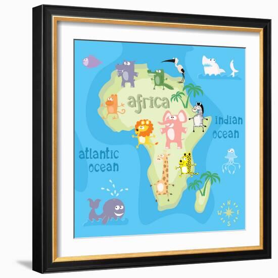 Concept Design Map of African Continent with Animals Drawing in Funny Cartoon Style for Kids and Pr-Dunhill-Framed Art Print