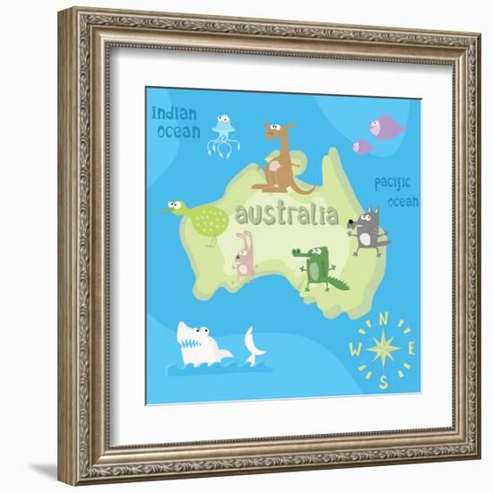 Concept Design Map of Australian Continent with Animals Drawing in Funny Cartoon Style for Kids And-Dunhill-Framed Art Print