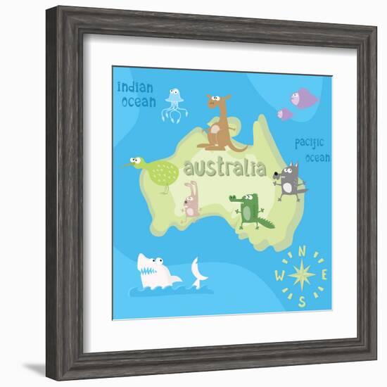 Concept Design Map of Australian Continent with Animals Drawing in Funny Cartoon Style for Kids And-Dunhill-Framed Art Print