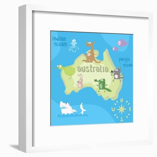 Concept Design Map of Australian Continent with Animals Drawing in Funny Cartoon Style for Kids And-Dunhill-Framed Art Print