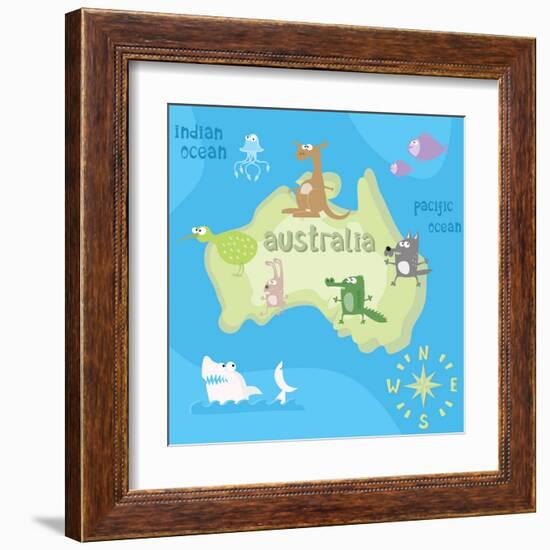 Concept Design Map of Australian Continent with Animals Drawing in Funny Cartoon Style for Kids And-Dunhill-Framed Art Print