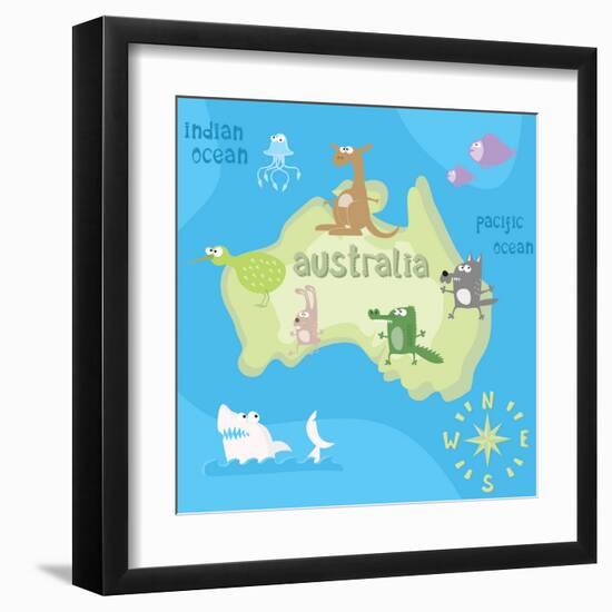 Concept Design Map of Australian Continent with Animals Drawing in Funny Cartoon Style for Kids And-Dunhill-Framed Art Print