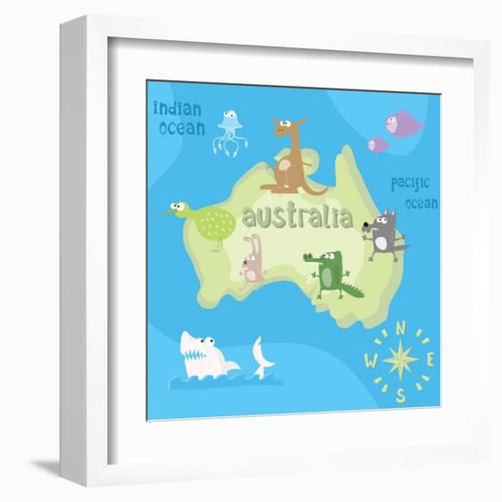 Concept Design Map of Australian Continent with Animals Drawing in Funny Cartoon Style for Kids And-Dunhill-Framed Art Print